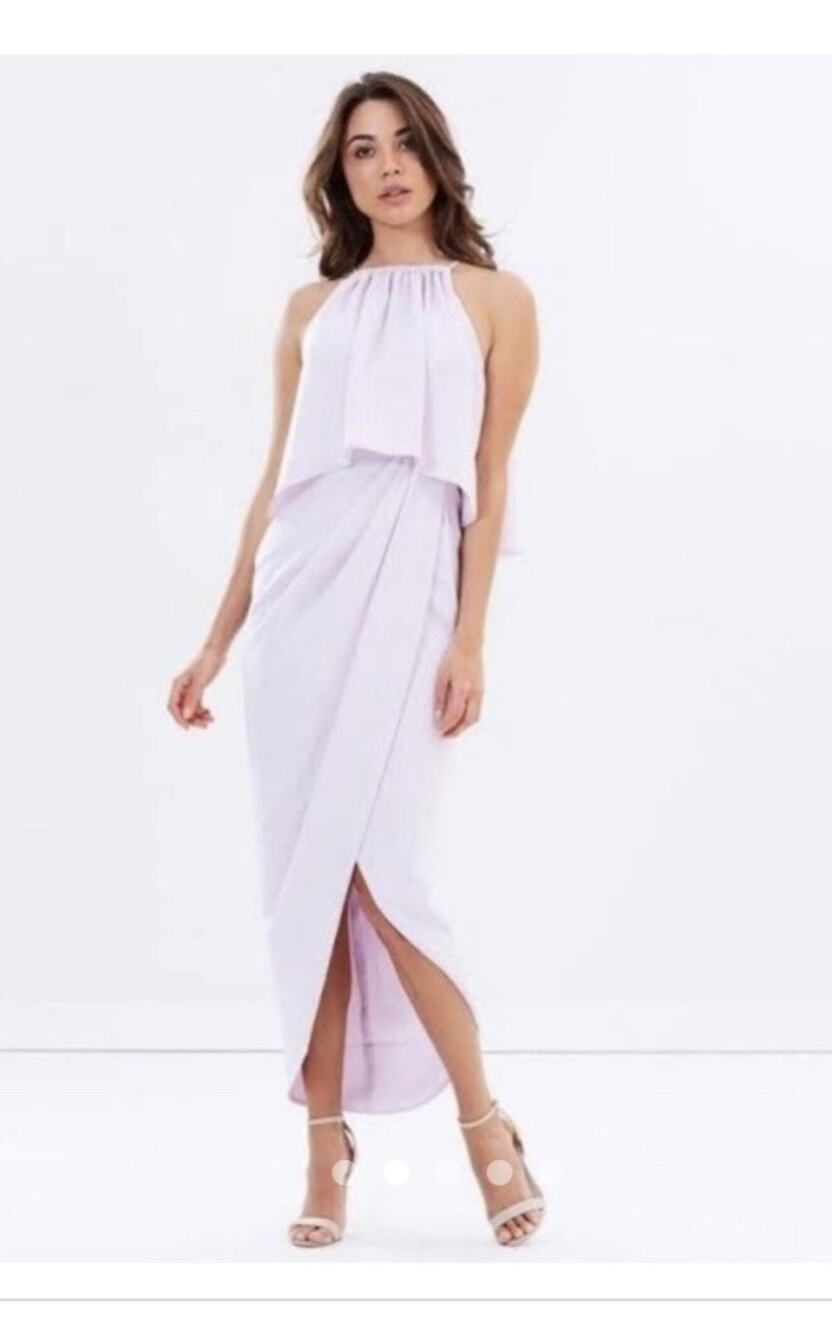 Shona Joy Core Frill High Neck Draped Maxi Dress Lilac US 6 NWT Flaw